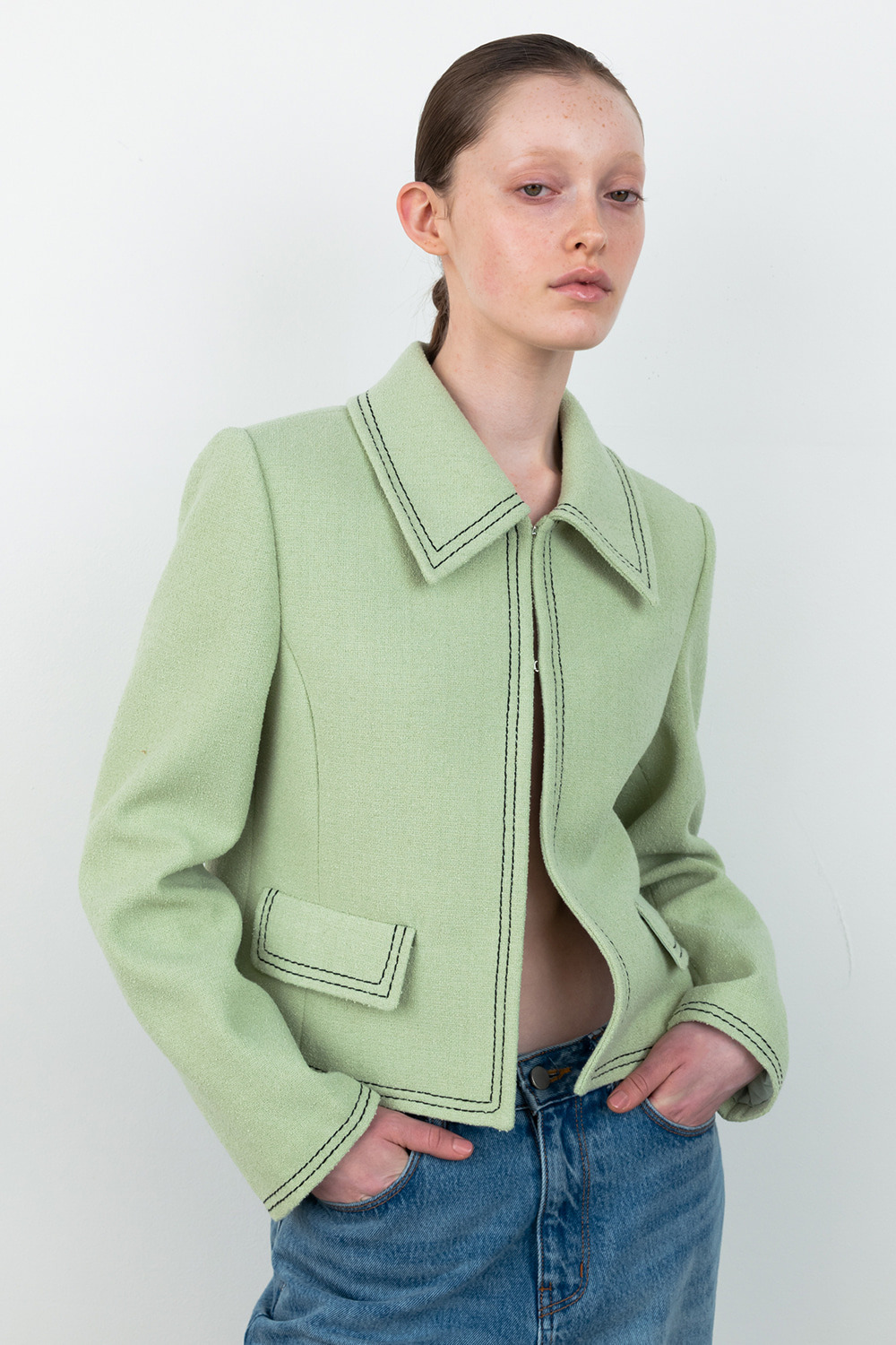 Line Tweed Crop Jacket_Green