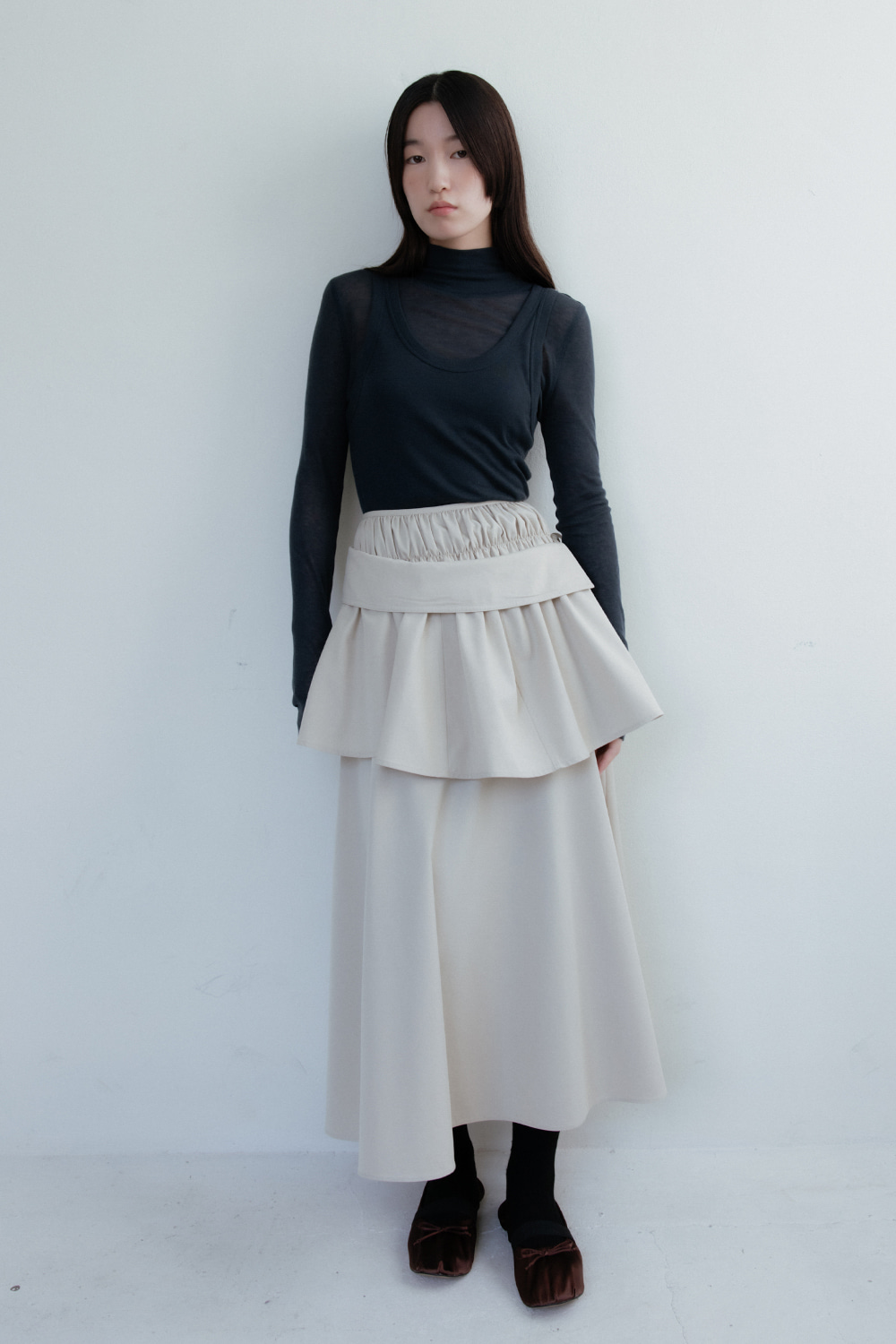 Cape Shirring Skirt_Beige